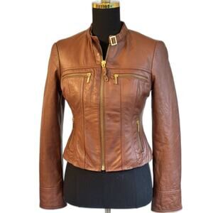 Y2k BEBE Brown Leather Jacket Moto Bomber Cropped Boho Read Please